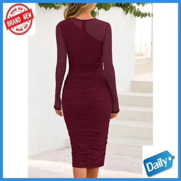 Long Sleeve Mesh Bodycon Dress Mock Neck Ruched Cocktail Party - Picture 3 of 8